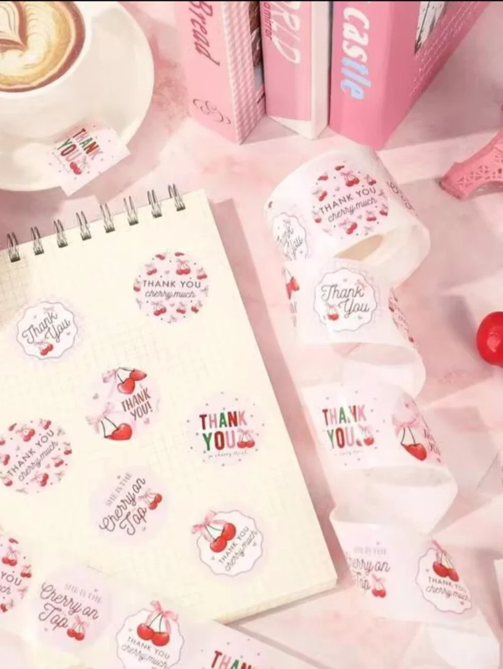 500pcs/Roll Cute Pink Cherry Thank You Self-Adhesive Stickers